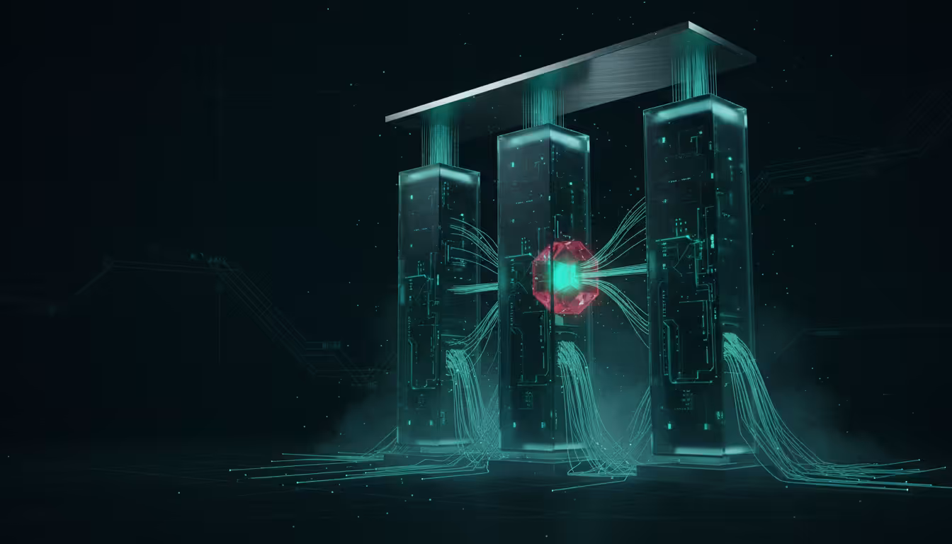 Ilustracao 3D de servidores translucidos conectados por filamentos luminosos verdes representando Redis Pub/Sub em escala