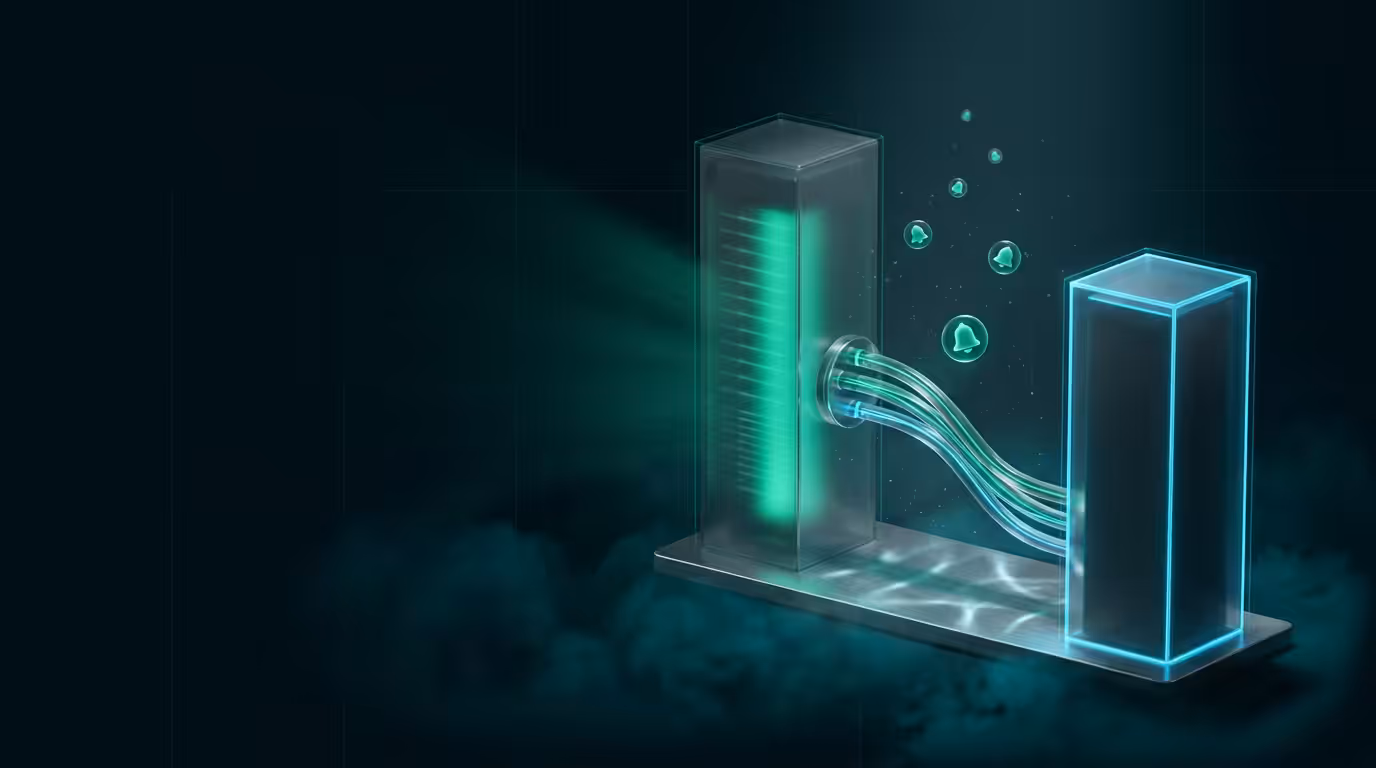 Ilustracao 3D de duas torres de vidro conectadas por fluxo bidirecional de luz representando WebSockets em tempo real