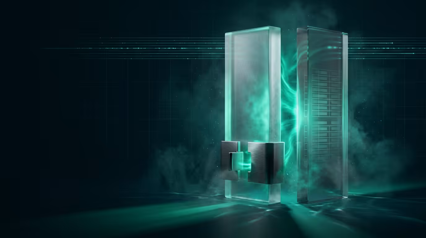Ilustracao 3D de colunas de banco de dados em vidro fosco se dividindo com luz esmeralda representando migracao sem downtime